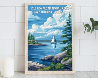 Plakat z Parku Narodowego Isle Royale, wystrój wnętrz w Michigan, grafika z domu nad jeziorem, grafika ścienna do druku z Jeziora Górnego, pobieranie cyfrowe