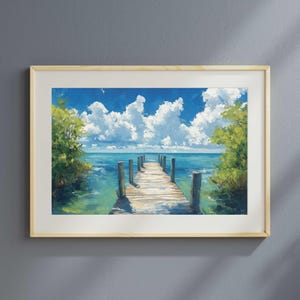 a painting of a dock in the water