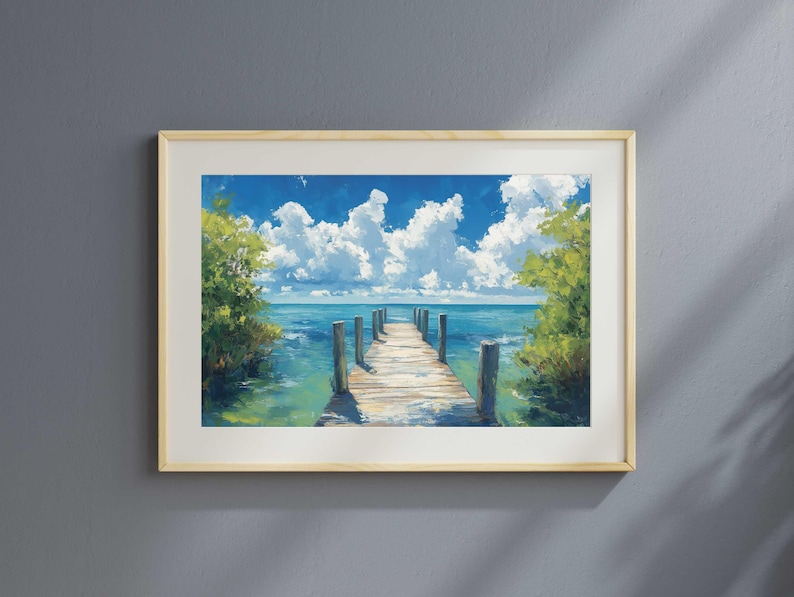 a painting of a dock in the water