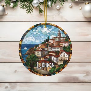 Lisbon Faux Stained Glass Ornament, Personalized Holiday Gift, Europe Travel Souvenir, Portugal Christmas Decor, Vacation Memories