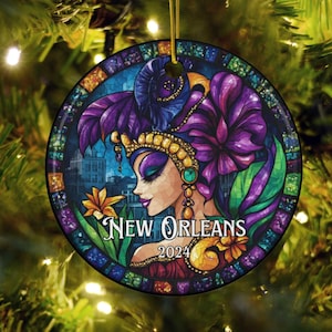 New Orleans Mardi Gras Faux Stained Glass Mosaic Ornament, Christmas Tree Decoration, Personalized Holiday Gift, Louisiana Home Decor