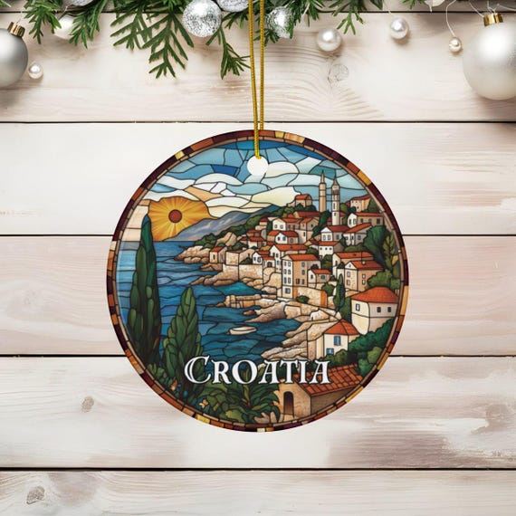 Croatia Faux Stained Glass Ornament, Personalized Holiday Gift, Mediterranean Christmas Decor, World Travel Keepsake, European Vacation
