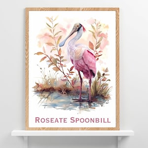 Espátula rosada, diseño de cartel de pájaro icónico, pájaros de Florida, arte de pared de vida silvestre, lago, casa o cabaña en la playa, decoración de observadores de aves, regalo para amantes de las aves
