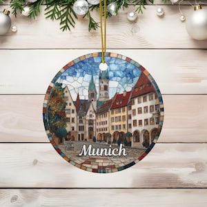 Munich Stained Glass Style Ornament, Personalized Holiday Gift, Bavarian Travel Souvenir, German Christmas Decor, European Vacation