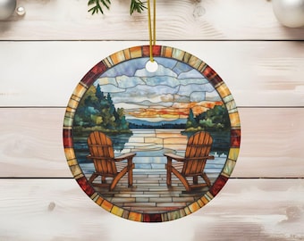 Lake House Faux Stained Glass Ornament, Personalized Holiday Gift, Lake Home Christmas Decor, Custom Lake House Vacation Souvenir