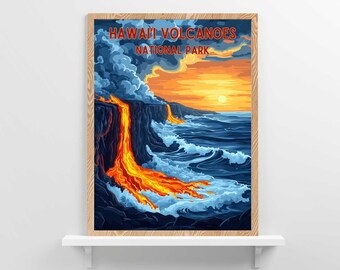Póster de viaje del Parque Nacional de los Volcanes de Hawái - Decoración para el hogar en la Isla Grande de Hawái - Arte retro de viajes - Obras de arte de las Islas del Pacífico - Descarga digital