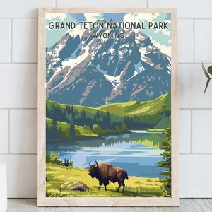 Grand-Teton-Nationalpark-Poster, Western-Naturkunst, Wyoming-Kunstwerk, Teton Mountains, Jackson Hole, Retro-Reisedruck, digitaler Download