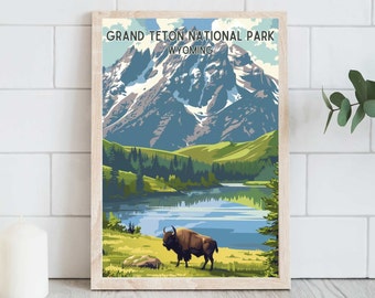 Grand Teton National Park Poster, Western Nature Art,  Wyoming Artwork, Teton Mountains, Jackson Hole, Retro Travel Print, Digital Download