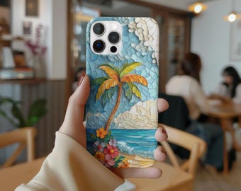 Funda MagSafe para iPhone con vibrantes mosaicos tropicales: impresionante diseño de palmeras y océano, estilo vitral playero, accesorio veraniego para iPhone.