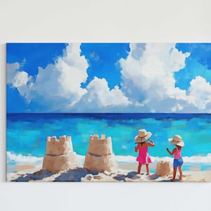 Beach Play Day Print – Whimsical Seaside Wall Art, Beach Home Nursery Decor, Coastal Cottage Artwork, Sister Gift Idea - Digital Download