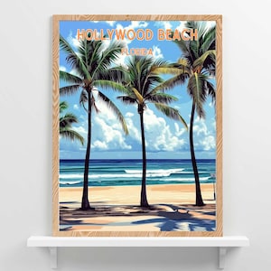 Póster de viaje de Hollywood Beach, Florida, decoración del hogar de Florida, obra de arte de viaje retro, arte de pared con palmeras del Océano Atlántico - Descarga digital