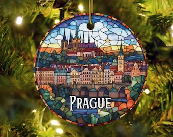Adorno de vitral praguense, regalo navideño personalizado, recuerdo de viaje de la República Checa, decoración navideña, vacaciones en Europa