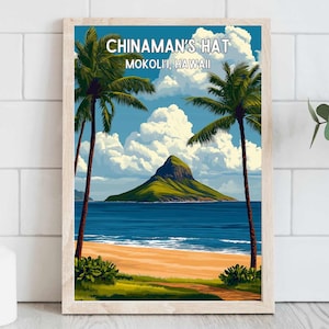 Póster de viaje de Mokoli&#39;i, Hawái, sombrero chino, decoración hawaiana para el hogar, arte de viaje retro, islas del Pacífico, playa de Oahu, obra de arte tropical