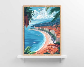 Nice France Travel Poster Vintage French Riviera Wall Art Coastal Artwork Print Beach House Home Decor European Vacation - Digital Download