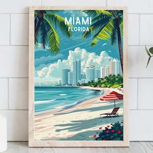 Miami Beach Travel Poster, Tropical Home Decor,  Florida Beach Artwork,  Beach Home & Condo Decor - Digital Download