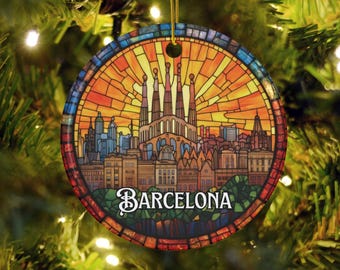Barcelona Stained Glass Style Ornament, Personalized Holiday Gift, Spain Travel Souvenir, Spanish Christmas Decor, European Vacation
