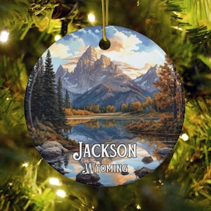 Jackson Wyoming Illustrated Christmas Ornament, Western Holiday Tree Decoration, Jackson Hole Travel Souvenir, Personalized Vacation Gift