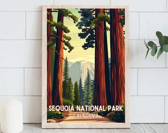 Plakat do Parku Narodowego Sekwoi, Kalifornia, Wystrój domu, Plakat retro, Podróż, Do pobrania natychmiast, Wydrukowana sztuka ścienna, Miłośnicy przyrody