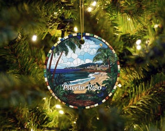 Puerto Rico Stained Glass Style Ornament, Personalized Holiday Gift, Boricua Travel Souvenir, Tropical Island Christmas Home Decor