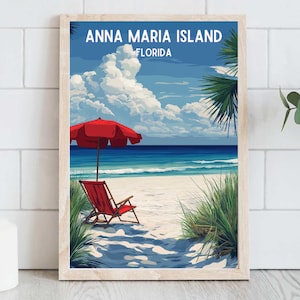 Póster de viaje a la isla Anna Maria, Florida, decoración del hogar de Florida, arte de viaje retro, obras de arte de playa, arte de pared de la costa del Golfo de Tampa Bay - Descarga digital