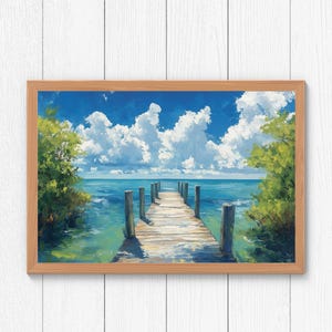 May include: A painting of a wooden jetty extending into a turquoise blue ocean with a bright blue sky and fluffy white clouds. The jetty is made of weathered wood and has a few wooden posts on either side.