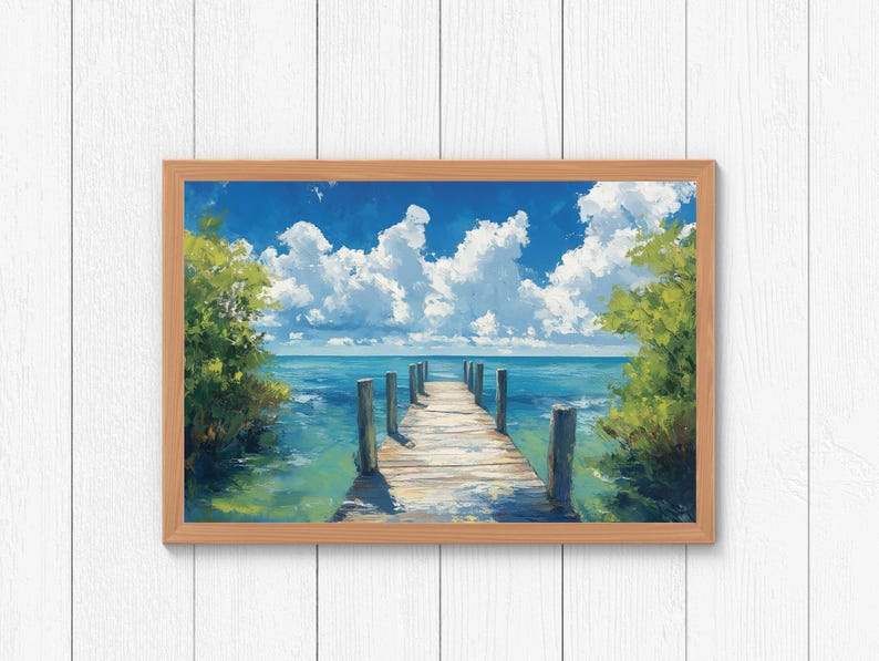 May include: A painting of a wooden jetty extending into a turquoise blue ocean with a bright blue sky and fluffy white clouds. The jetty is made of weathered wood and has a few wooden posts on either side.