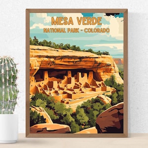Póster del Parque Nacional Mesa Verde, decoración del hogar de Colorado, viviendas ancestrales de los pueblos indígenas en los acantilados, obra de arte de Chapin Mesa, regalo del suroeste, descarga digital