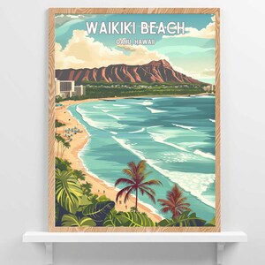 Póster de viaje de la playa de Waikiki, Honolulu, Hawái, impresión de arte de pared tropical, regalo, obra de arte de casa de playa, decoración del hogar hawaiano, isla del Pacífico de Oahu
