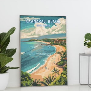 Kaanapali Beach Maui Travel Poster, Hawaiian Wall Art, Tropical Vacation Souvenir, Hawaii Beach House Decor, Retro Travel Art