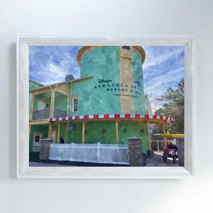 May include: A painting of a green building with a white picket fence in front of it. The building has a sign that says "Disney's Saratoga Springs Resort & Spa".