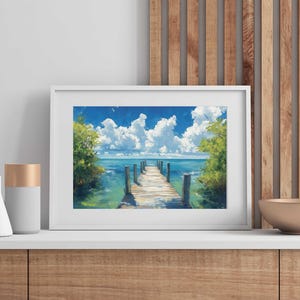 a painting of a dock in the water