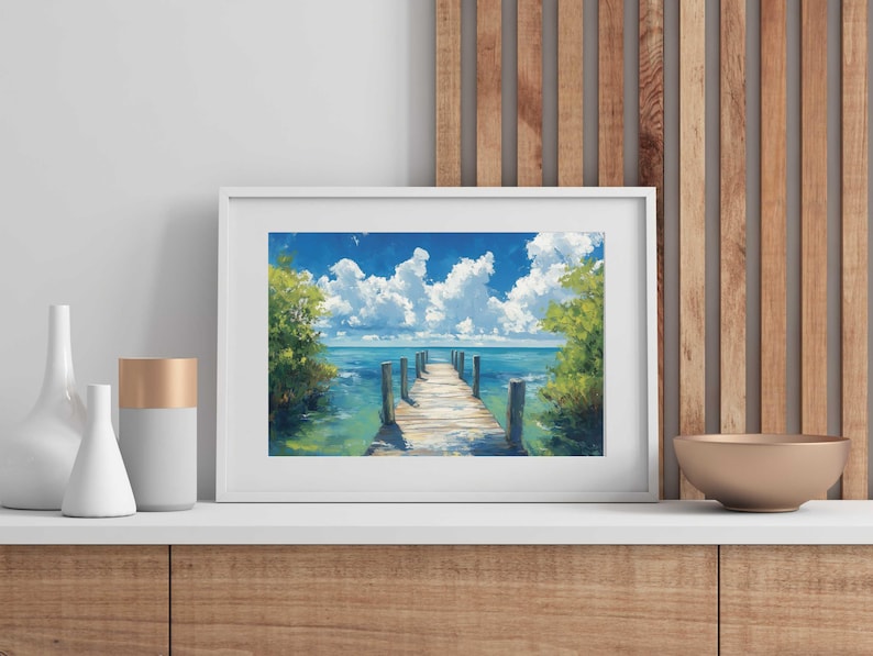 a painting of a dock in the water