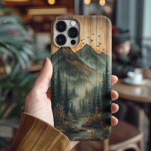 Mountain Wood Grain Print Case for iPhone Samsung Galaxy Google Pixel Mountain Lovers Gift Idea Nature Forest River Outdoor Phone Cover