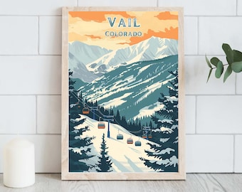 Vail Colorado Skiing Travel Poster, Ski Cabin Lodge Art,  Mountain Artwork, Colorado Home Decor, Snow Skiing, Printable, Digital Download