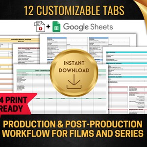 Könnte beinhalten: Ein digitales Vorlagenset mit 12 anpassbaren Reitern für Produktions- und Postproduktions-Workflows für Filme und Serien. Kompatibel mit Google Sheets und PDF-Formaten, inklusive A4-druckfertigen Optionen und einem Sofort-Download-Symbol.