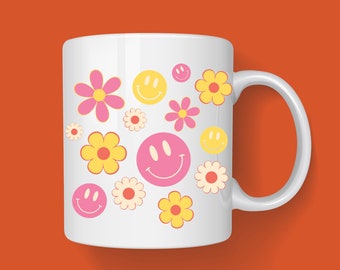 Retro mug, gift mug, happy face mug, gift for her, gift for mom, retro floral mug, retro style mug, mug for mom.