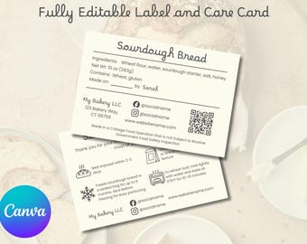 Etiqueta y tarjeta de cuidado para pan de masa madre / Plantilla editable de Canva para panaderos de productos caseros