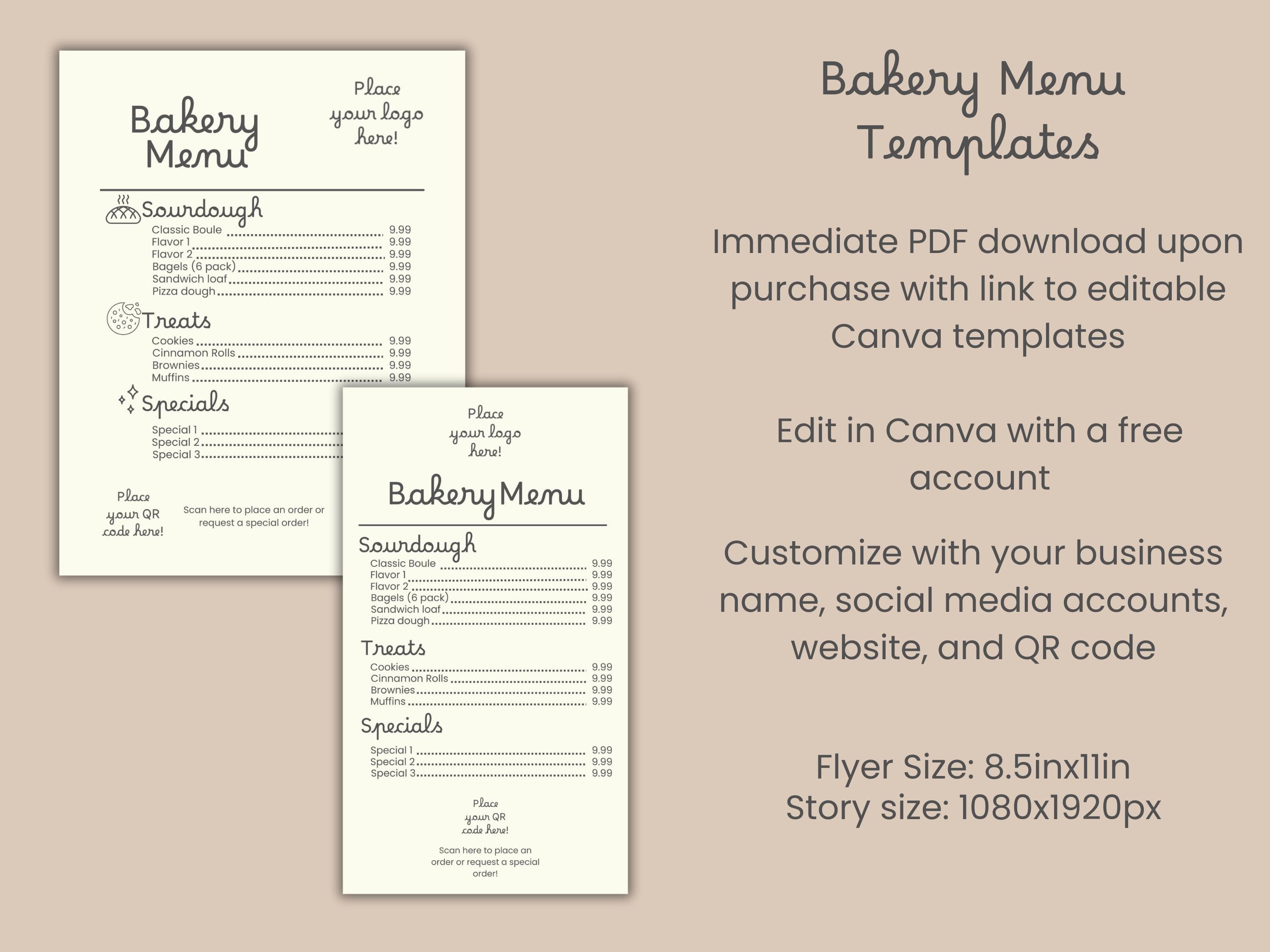 Bakery Menu Template | Editable Canva Menu for Sourdough & Cottage Food ...