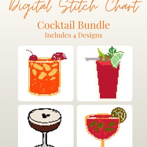 Könnte beinhalten: Digitales Stichmuster mit einem Cocktail-Bundle mit vier Designs. Das Bild zeigt pixelige Illustrationen von Cocktails, darunter ein Getränk mit Kirschen, ein roter Cocktail mit Strohhalm, ein Kaffee-Cocktail und eine Margarita mit Limette.