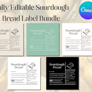 May include: A collection of editable sourdough bread labels. The labels are in various colours, including white, green, and black. The labels include the words "Sourdough Bread" and the name of the bakery. The labels also include the ingredients and the net weight.