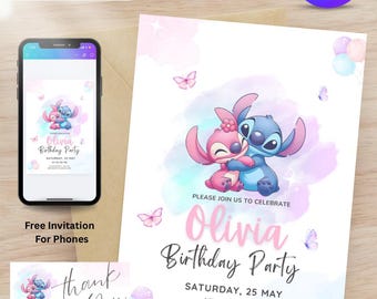 May include: A birthday party invitation and thank you card set featuring the characters Stitch and Angel. The invitation is white with pink and blue watercolor accents, and includes the text "Olivia Birthday Party". A smartphone displays the invitation.