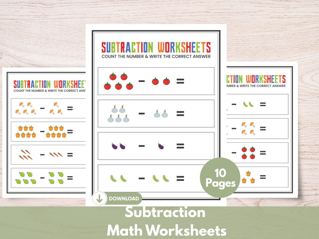 Subtraction Worksheets for Kids, 10 Page Preschool Math Bundle, Visual ...