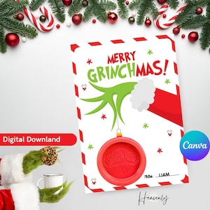 Tarjetas navideñas con plastilina para regalar, fiesta navideña de clase, descarga instantánea de obsequios sin dulces, etiquetas navideñas inspiradas en el Grinch