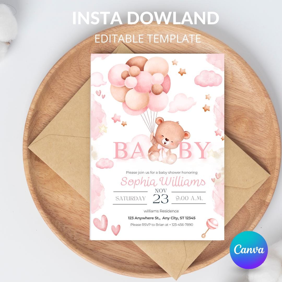 Pink Teddy Bear Baby Shower Invitation: Editable Canva Template ...