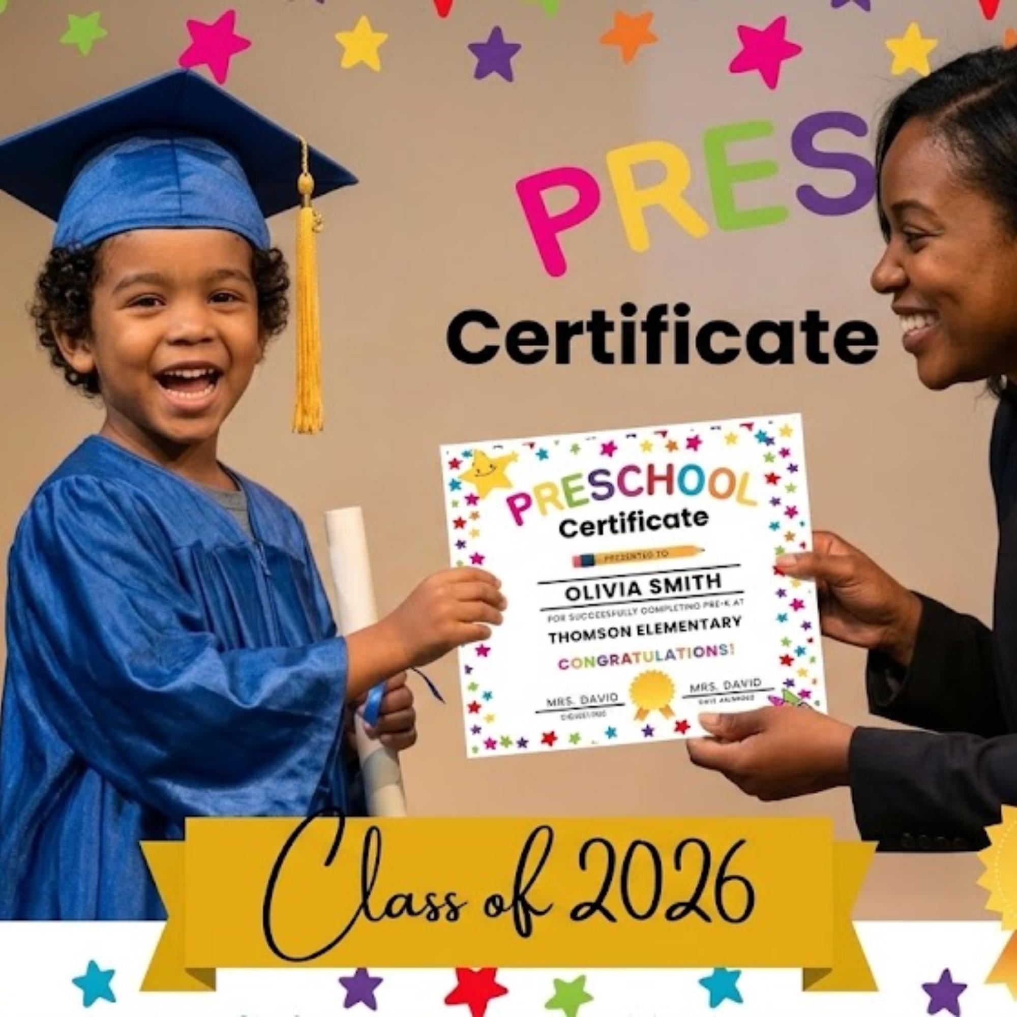 Editable Preschool Graduation Certificate: Class of 2026 Photo Template ...