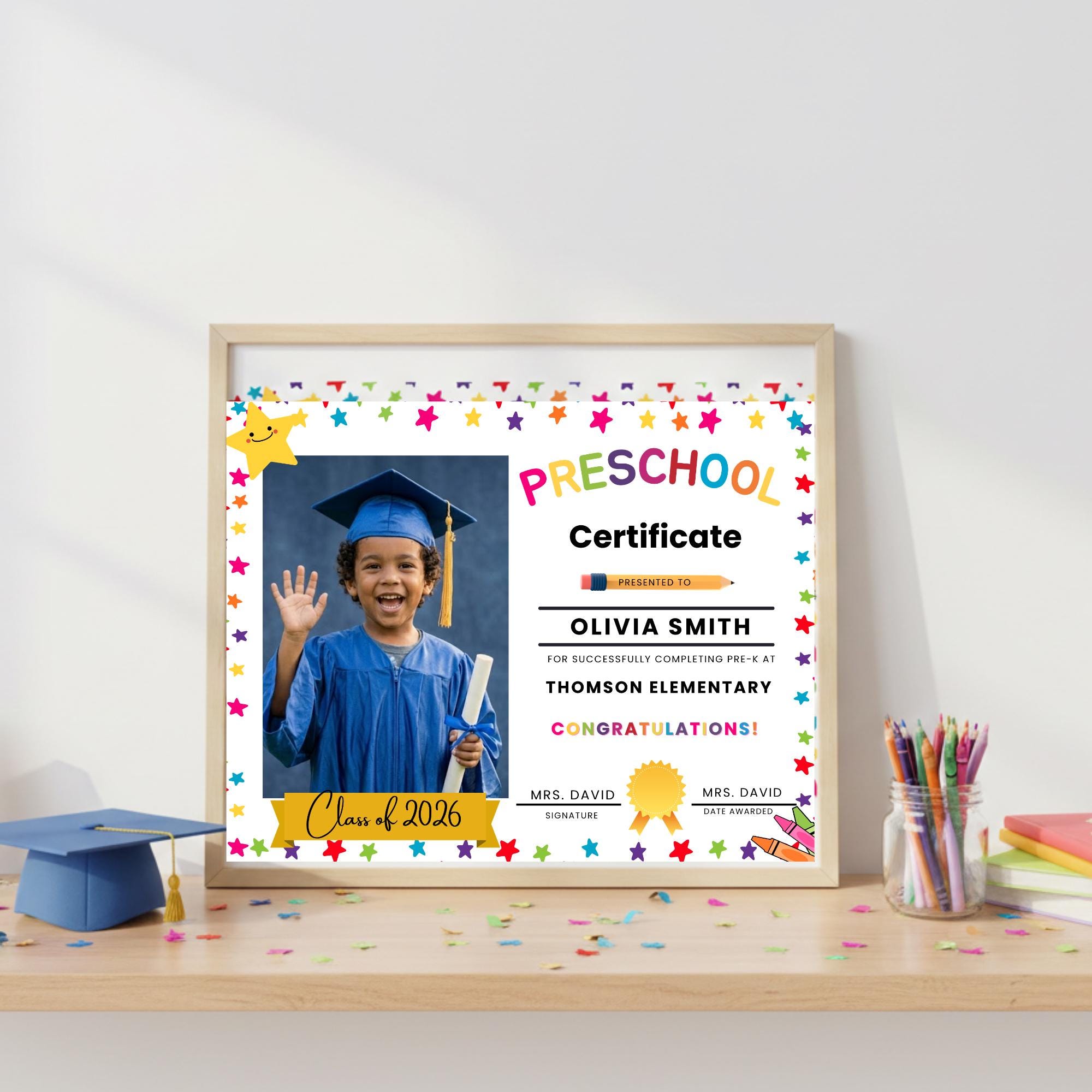 Editable Preschool Graduation Certificate: Class of 2026 Photo Template ...