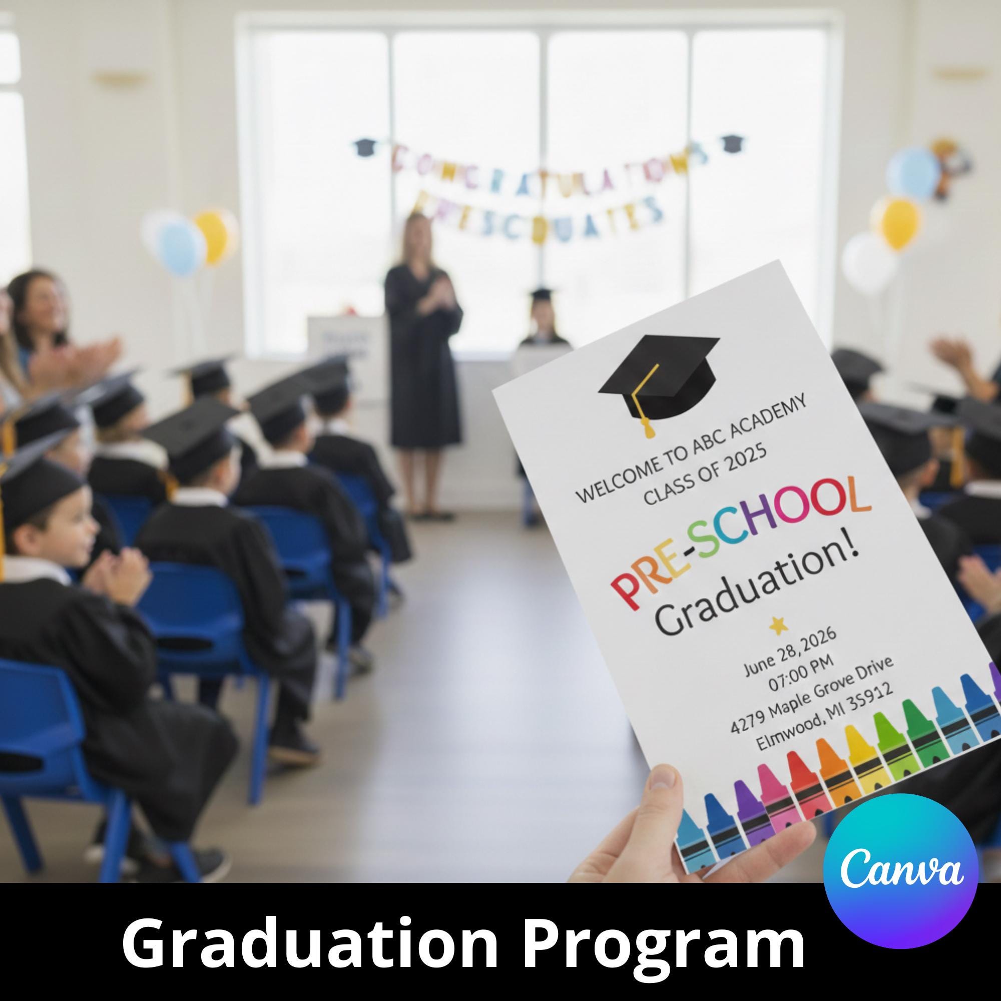 Editable Preschool Graduation Program Template (canva), Instant ...