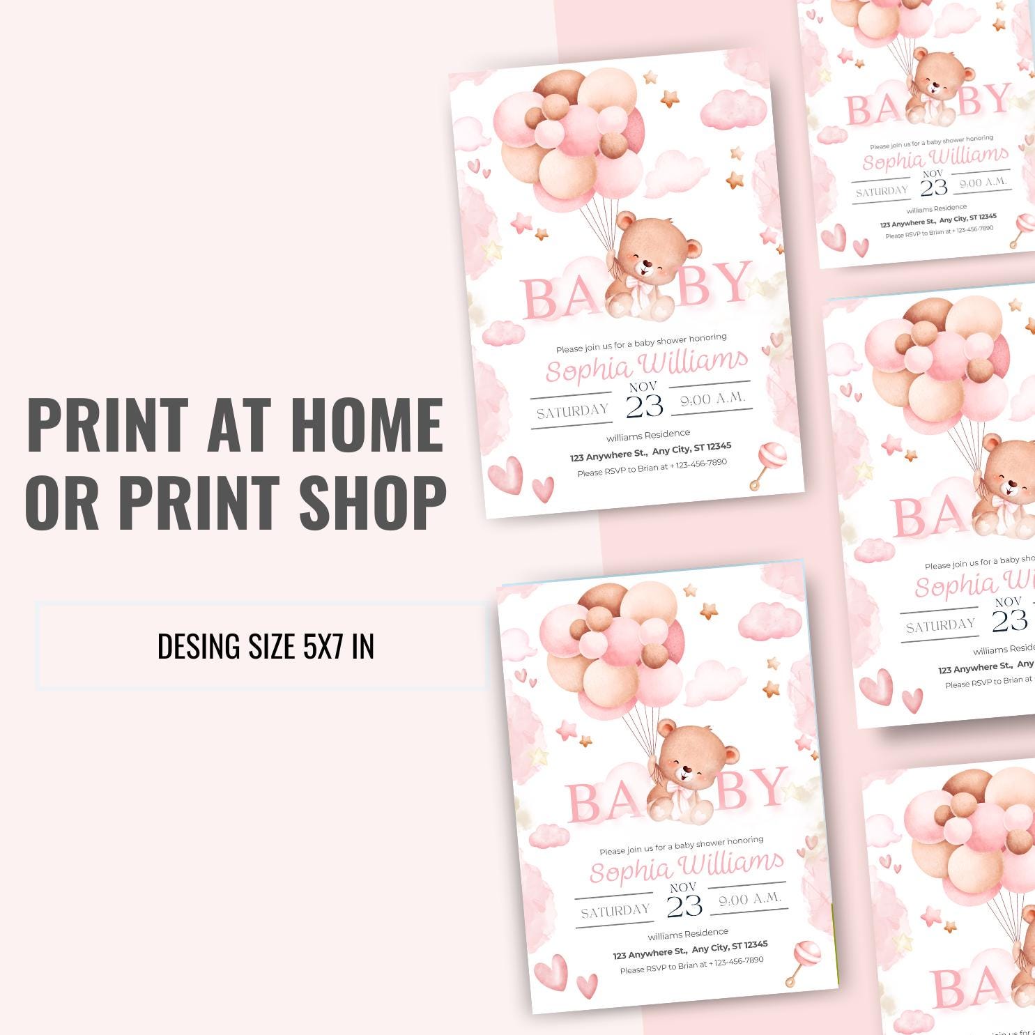 Pink Teddy Bear Baby Shower Invitation: Editable Canva Template ...