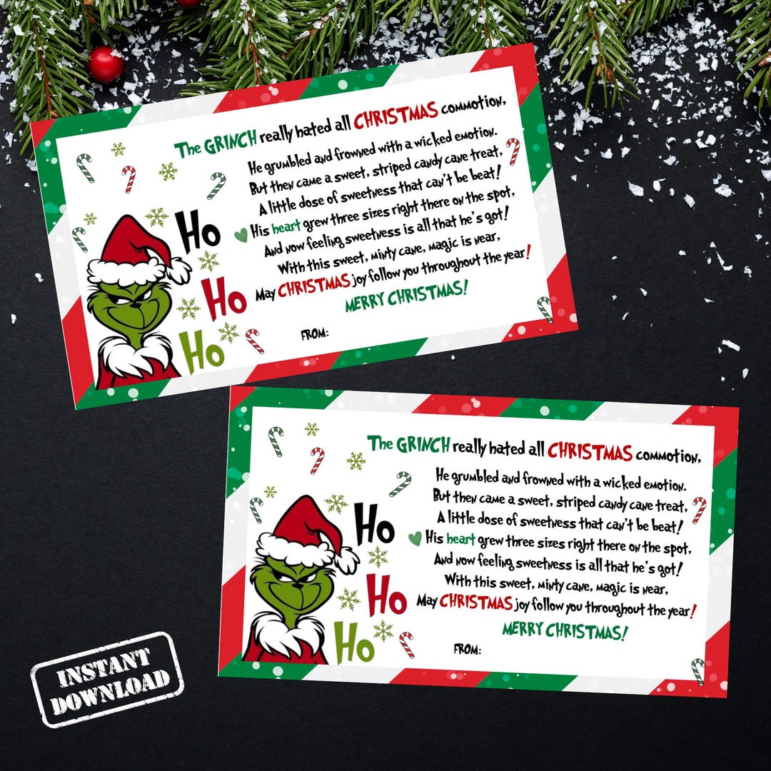 Candy Cane Holiday Favors (printable PDF) Grinch Christmas Gift Tags ...