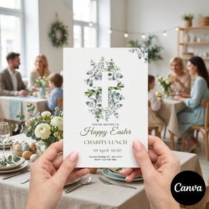 Może przedstawiać: Białe zaproszenie na Wielkanocny Obiad Charytatywny, 01 kwietnia o 10:30. Karta zawiera krzyż z zielonymi i szarymi liśćmi. Karta jest trzymana przez osobę przed stołem jadalnym.